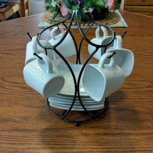 B Smith with Style 13 Piece White Ceramic Expresso Coffee Set w/ Hanging Rack